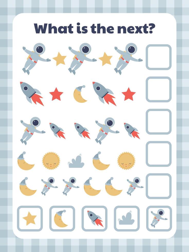 Logic and thinking tasks for children. What's next. Space adventures vector