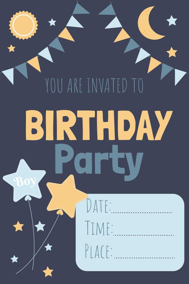 Holiday birthday party invitation template with balloons, stars and moon vector