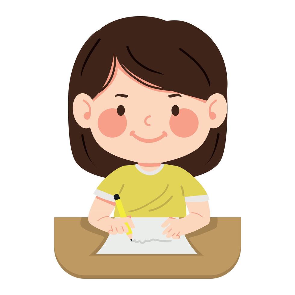 young kid doing her homework and writing vector