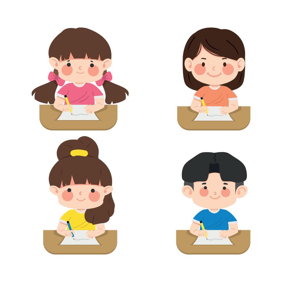 Kids doing her homework and writing set vector