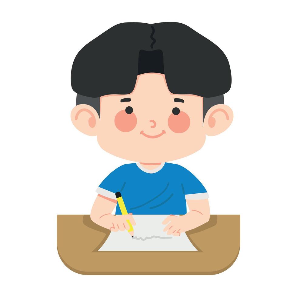 young boy doing her homework and writing vector