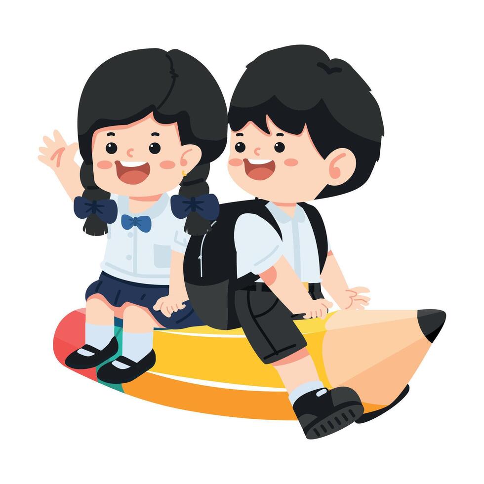 boy and girl riding on a flying pencil vector