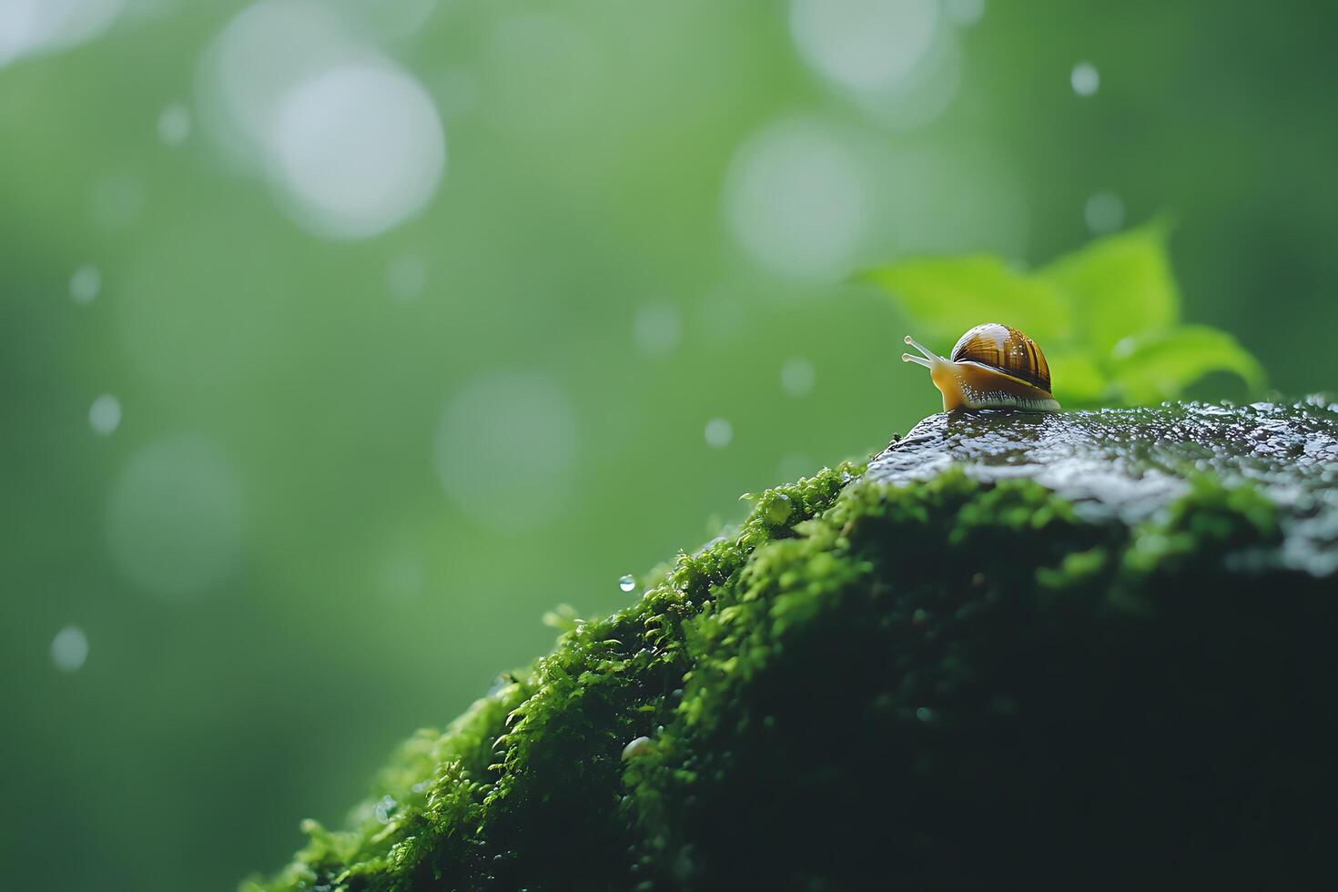Small Snail Crawling on a Mossy Rock with Tiny Water Droplets photo