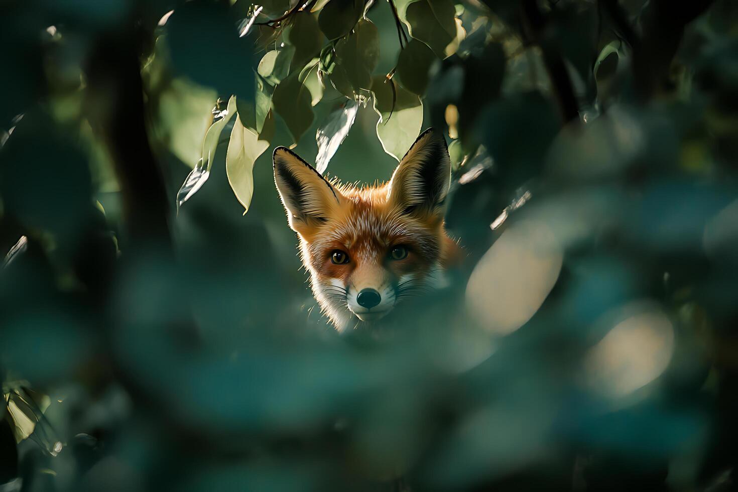Curious Red Fox Peeking from Behind Lush Greenery photo