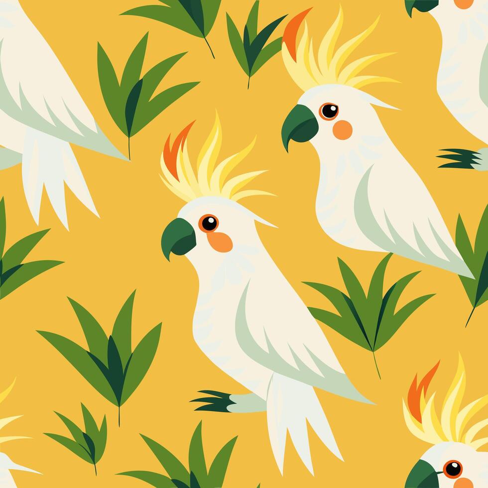 Seamless wallpapers pattern with cockatoo parrot on yellow background. Design for packaging, textiles, wallpapers. seamless pattern vector