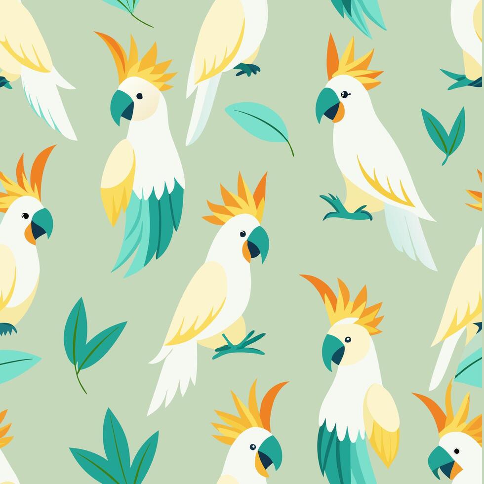 Seamless wallpapers pattern with cockatoo parrot on green background. Design for packaging, textiles, wallpapers. seamless pattern vector