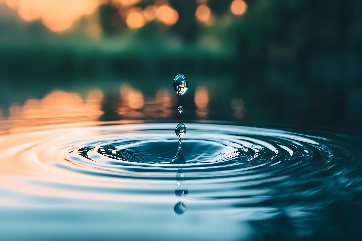 Close Up of a Raindrop Creating Ripples on a Pond photo