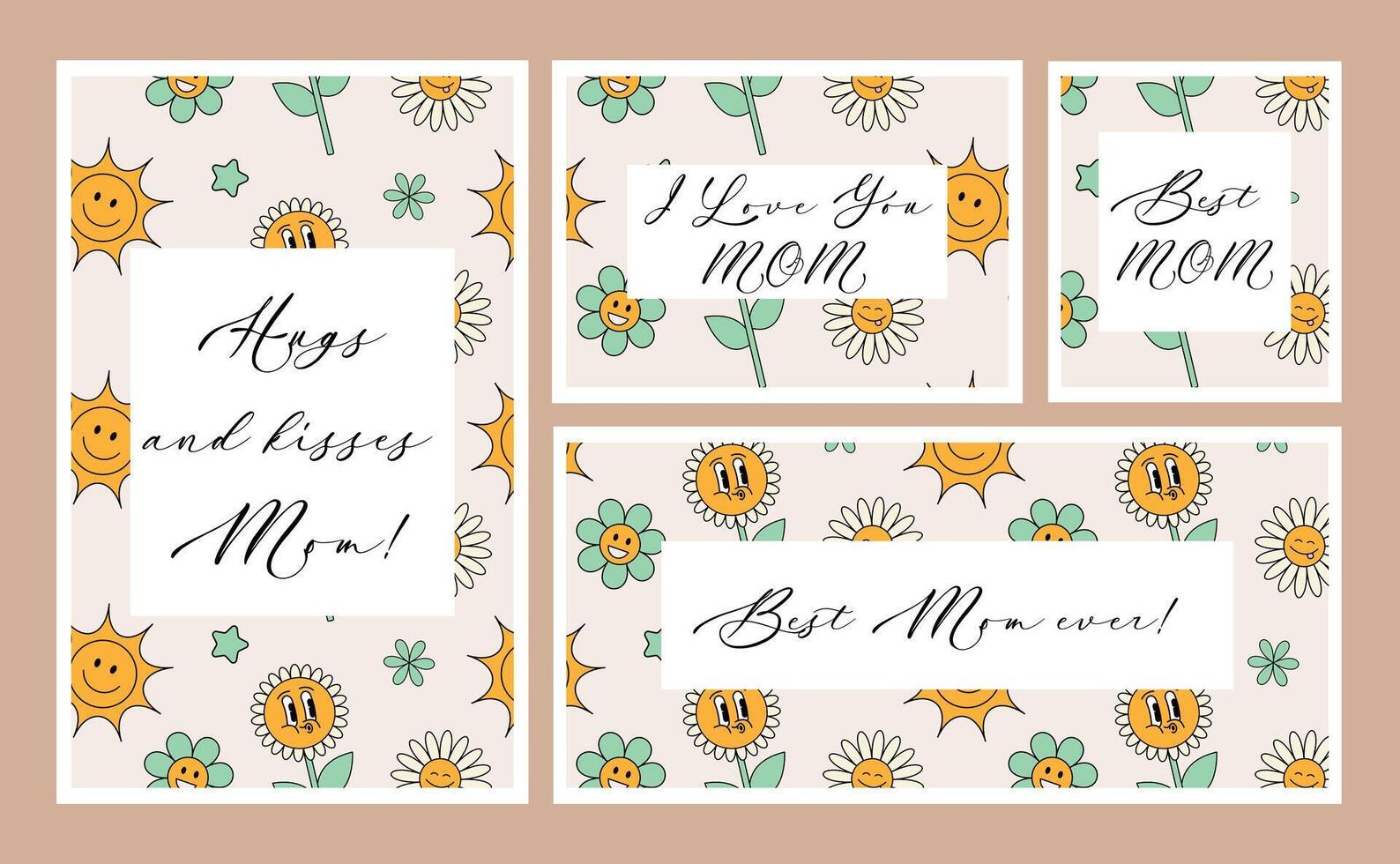 Mother's Day vintage cards. Cheerful cartoon characters with flowers. Set of cards in trendy retro style. Hippie style of the 60s, 70s. vector