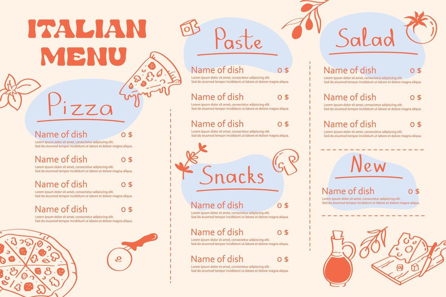 Italian restaurant menu template with hand drawn illustrations of dishes and sections for pizza, pasta, salad in doodle style vector