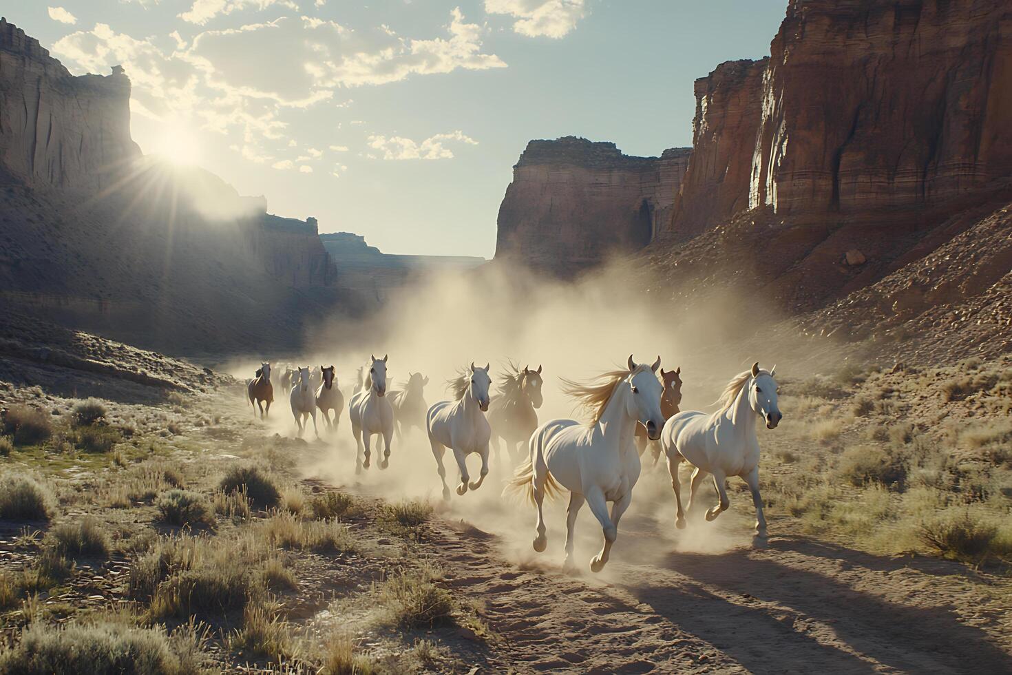 Herd of Wild Horses Galloping Through a Dusty Canyon photo
