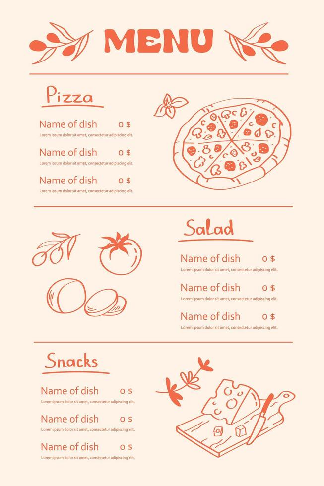 Italian pizza restaurant menu sketch. Pizzas, salad, snacks vector