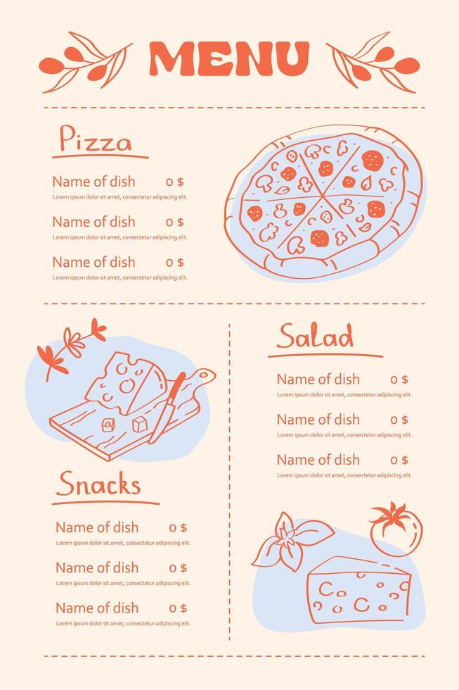 Italian Pizza Restaurant Menu doodle Template Pizzas, Pastas, Snacks vector