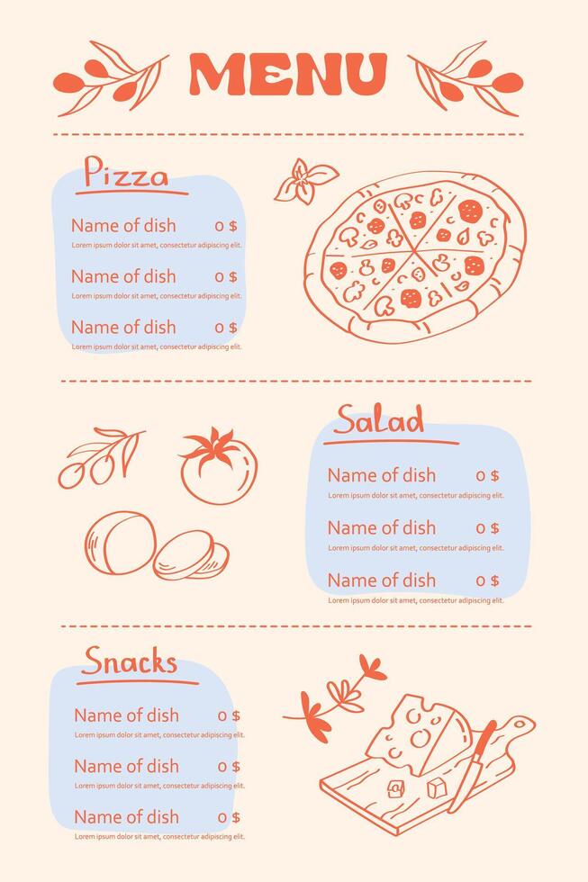 Italian food menu pizza. Restaurant cafe menu design template. vector