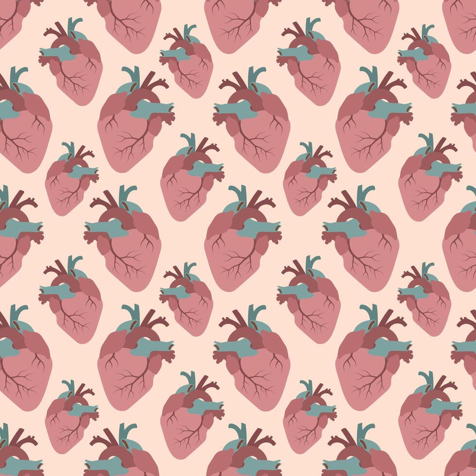 Real human heart seamless pattern. illustration for fabric, background, cover, medical infographic vector