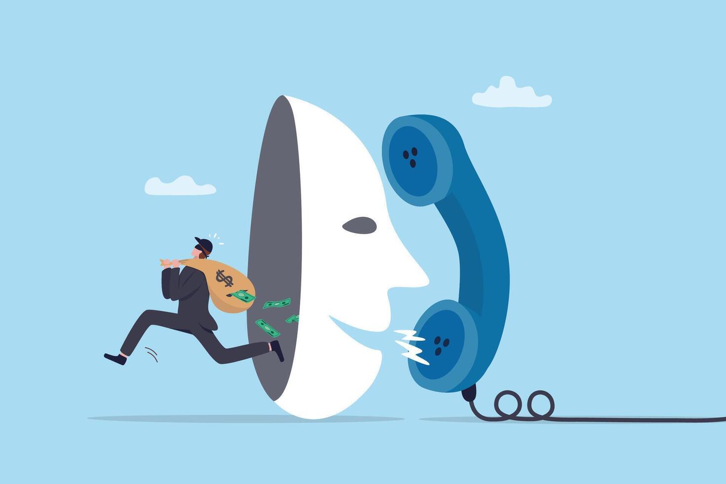 Phone scam, fraud or stealing money crime, cyber online safety hacking, thief with fake phone call or chat, illegal dishonesty concept, thief stealing money from mask talking on scam phone call. vector