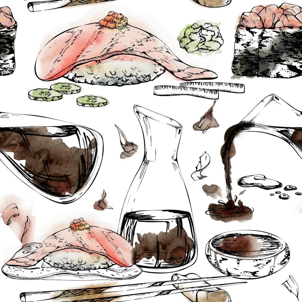 Japanese food nigiri sushi, raw fish salmon tuna seabass, caviar topping, soy sauce jar, chopsticks hand drawn in watercolor, ink. Seamless pattern for restaurant, cafe menu, kitchen, recipe book vector
