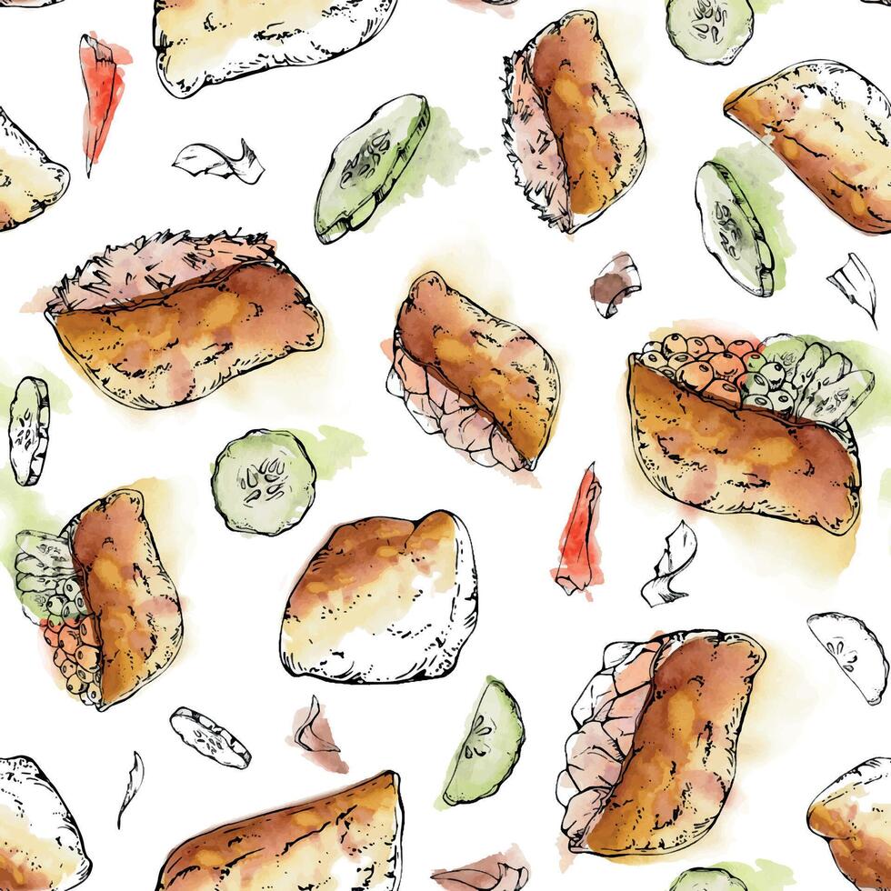 Traditional Japanese food, inari sushi with raw fish salmon tuna crab, tofu wrap, caviar cucumber ginger hand drawn in watercolor, ink. Seamless pattern for restaurant, cafe menu, kitchen, recipe book vector