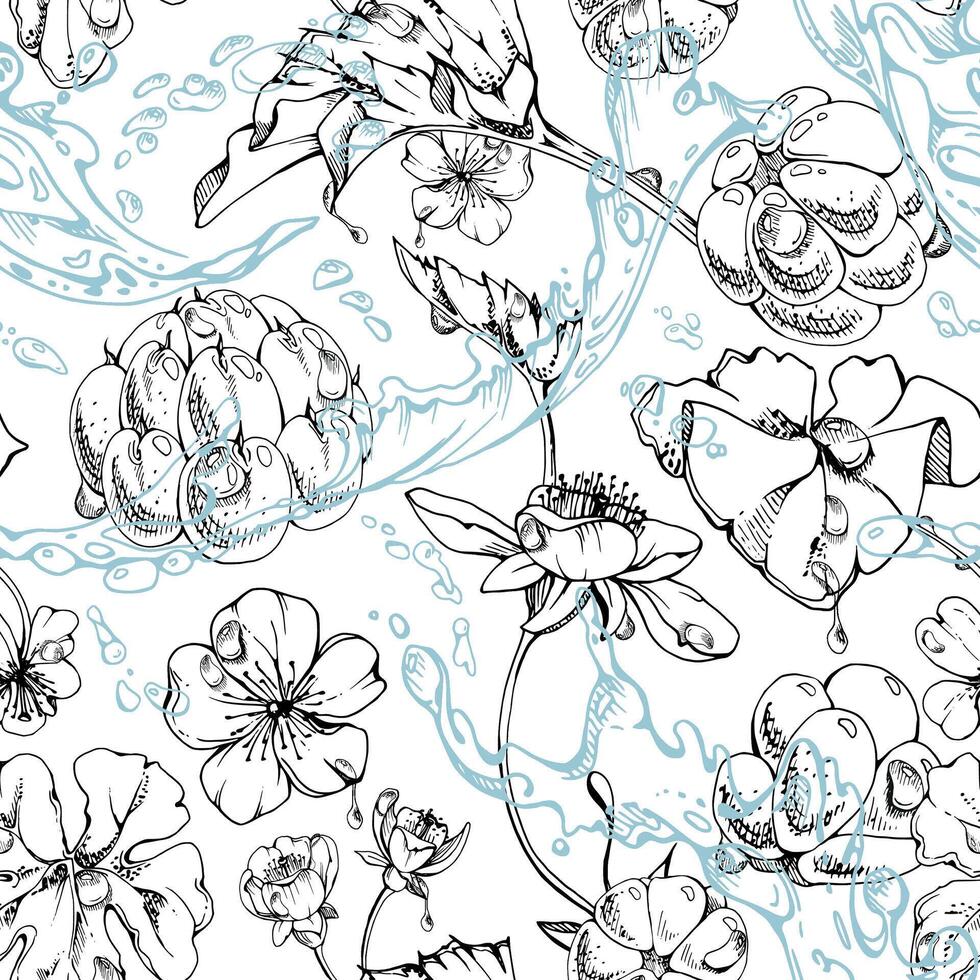 Cloudberry raspberry white flowers flying in water splashes waves drops, hand drawn ink, ripe line forest berry and leaves. Seamless banner illustration for cafe menu, wedding, farmers market vector
