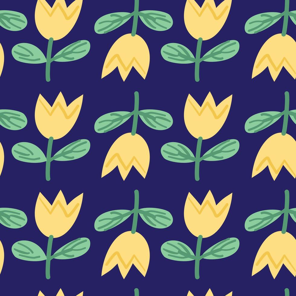Navy background with a repeating pattern of yellow flowers and green stems, ideal for bold floral-themed decor and crafts. vector