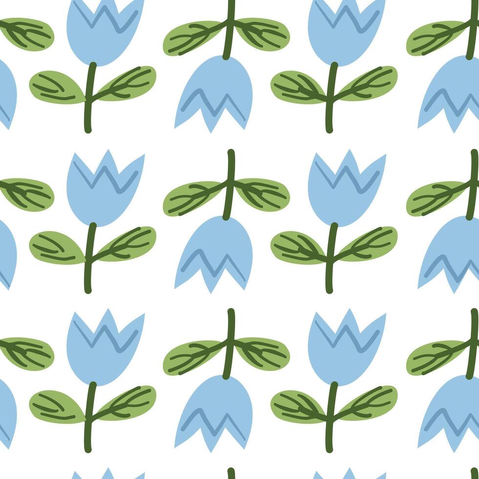 White background with a repeating pattern of blue flowers and green stems, ideal for floral-themed decor and crafts. vector
