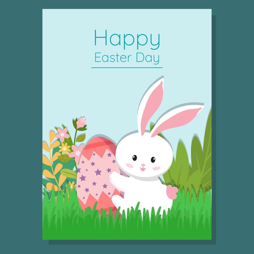 Cute Easter greeting card with a white bunny hugging an egg around flowers, and grass. Soft pastel colors create a festive and joyful holiday atmosphere. vector