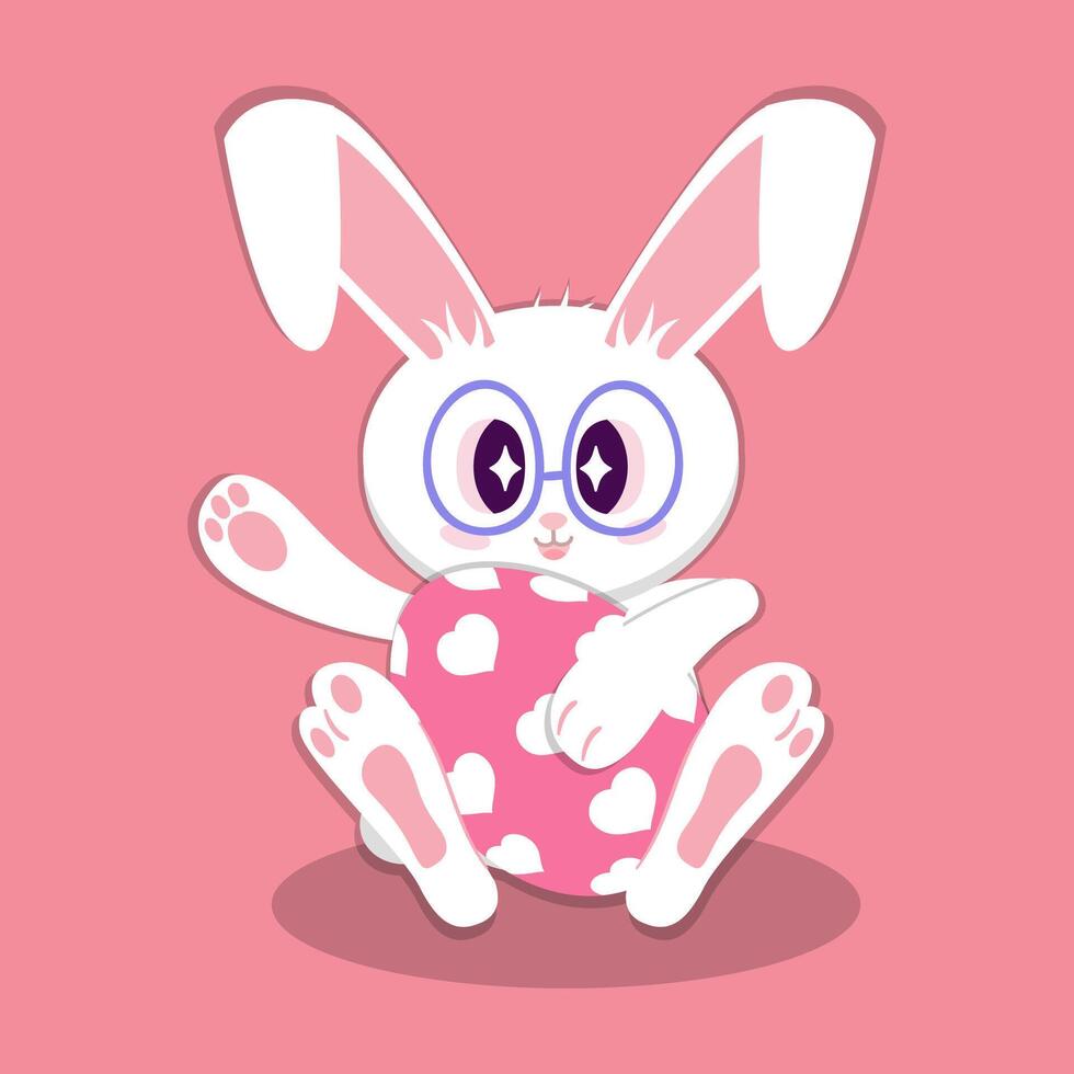 Adorable Easter bunnies with big sparkling eyes and glasses, holding a red egg with hearts pattern. A cute and playful illustration perfect for Easter decor, greeting cards, and digital designs. vector