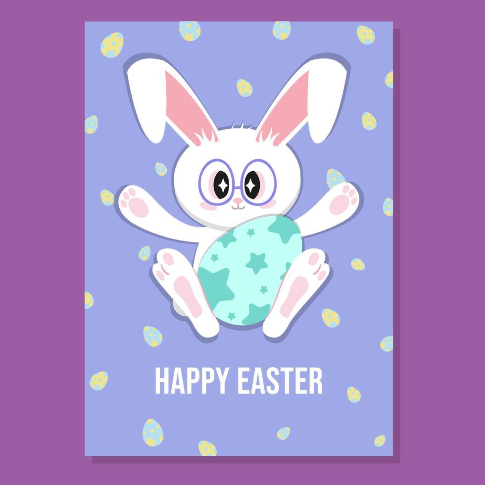 A cute Easter greeting card featuring a happy white bunny with big eyes and glasses holding a decorated egg. The pastel blue background with scattered mini eggs adds a festive and playful touch. vector