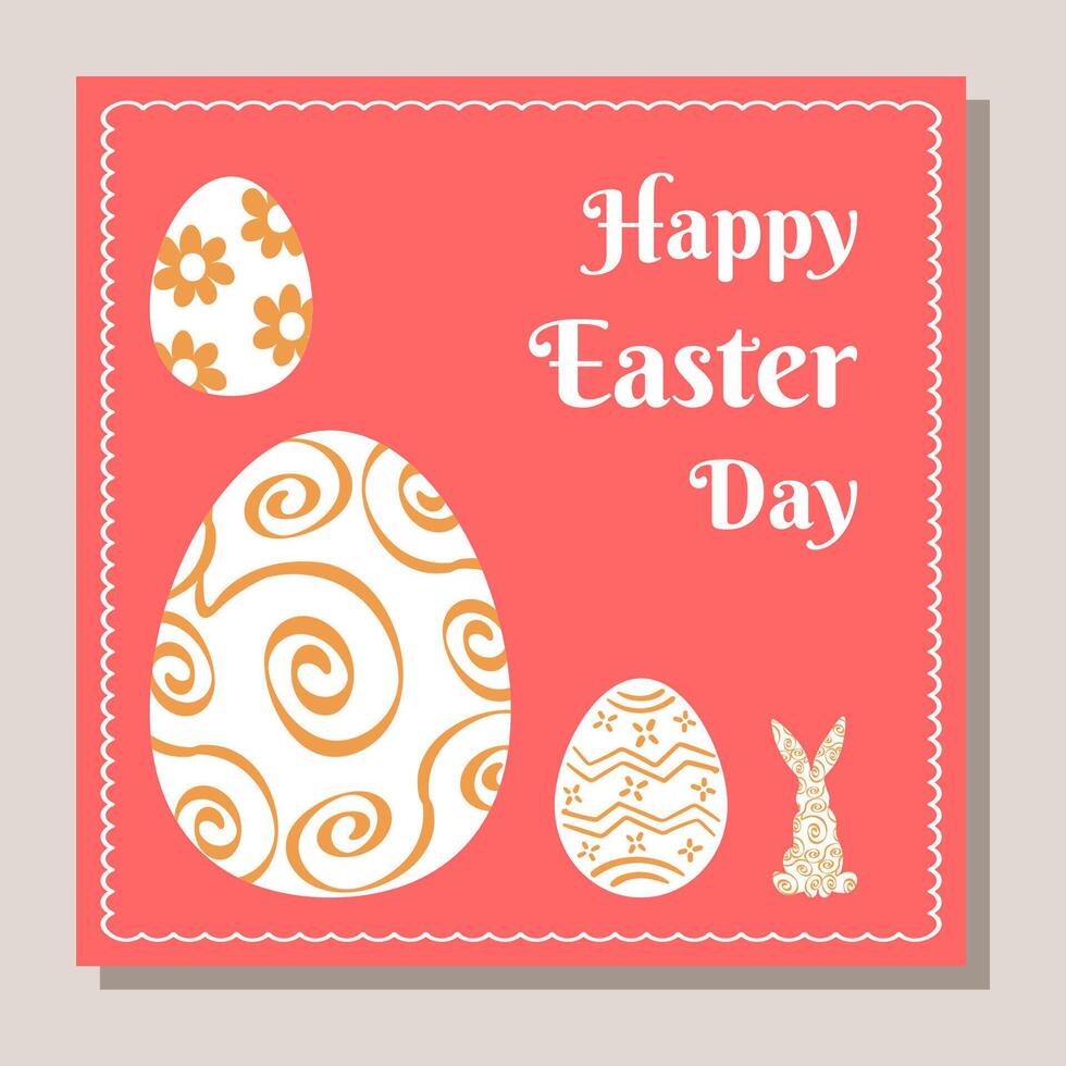 Easter design with decorated eggs, bunny silhouette, and festive typography on a coral background. Ideal for greeting cards, invitations, and holiday-themed projects. vector