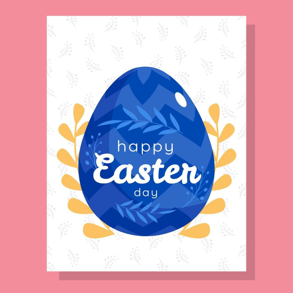 Elegant Easter card featuring a decorative blue egg with botanical elements on a white patterned background. Perfect for holiday greetings, invitations, and festive decorations. vector