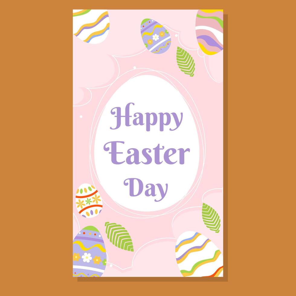 Elegant Easter greeting card with pastel colors, decorated eggs, and green leaves on a soft pink background. Features Happy Easter Day in stylish typography. Perfect for festive holiday wishes. vector