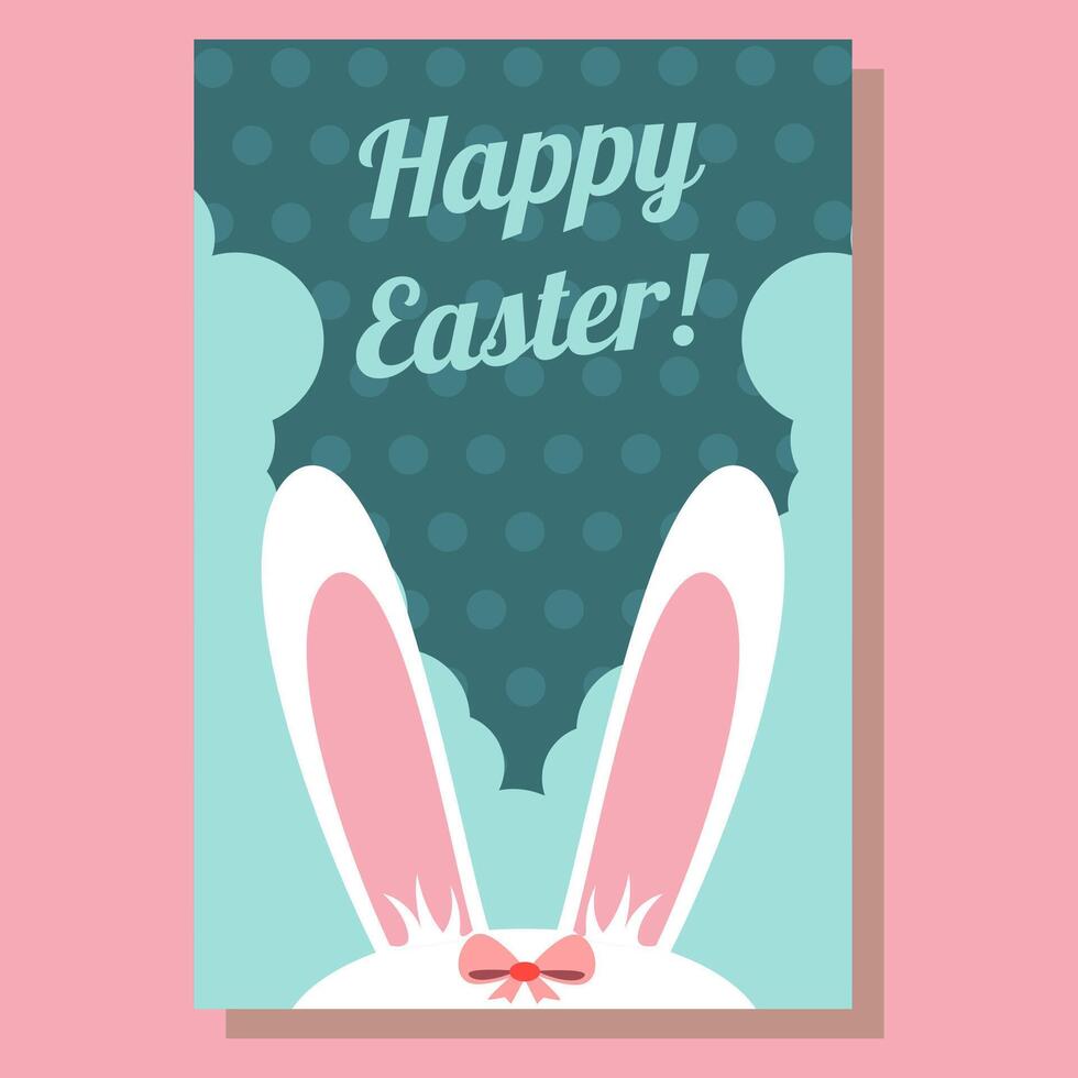 Cute Easter greeting card featuring bunny ears with a pink bow. Happy Easter text is placed on a dark teal polka dot background with decorative cloud like elements. vector