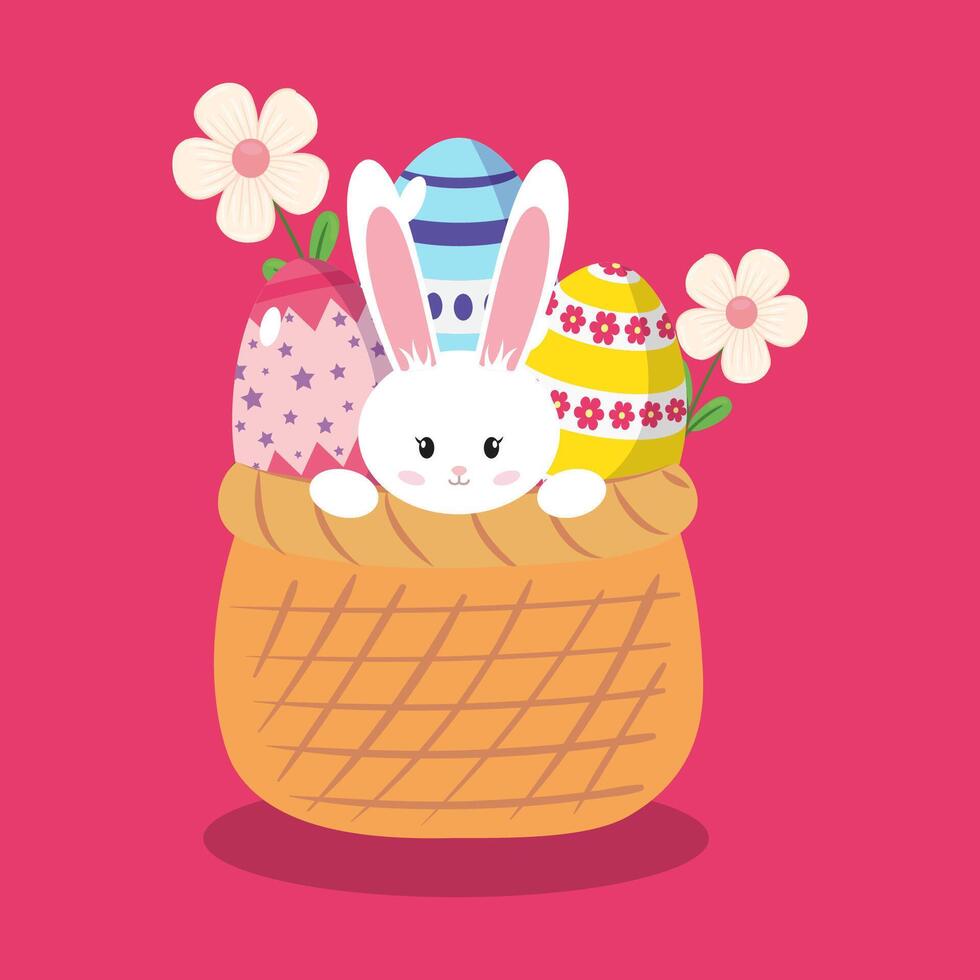 Cute white bunny peeking from an Easter basket filled with decorated eggs and flowers. A festive spring illustration perfect for greeting cards, prints, and holiday designs. vector