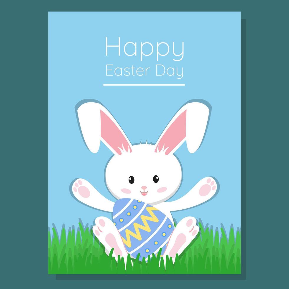 Cute Easter card featuring a white bunny holding a decorated egg on a grassy field with a blue sky. A joyful and festive design perfect for holiday greetings, invitations, and seasonal decorations. vector