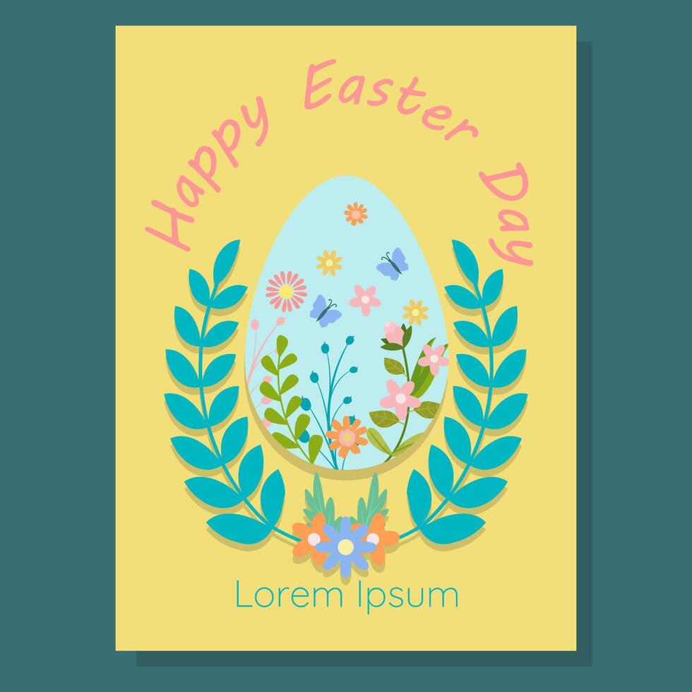 Easter greeting card with a pastel floral egg, butterflies, and leaves on a yellow background. A festive and elegant design perfect for seasonal decorations and invitations vector