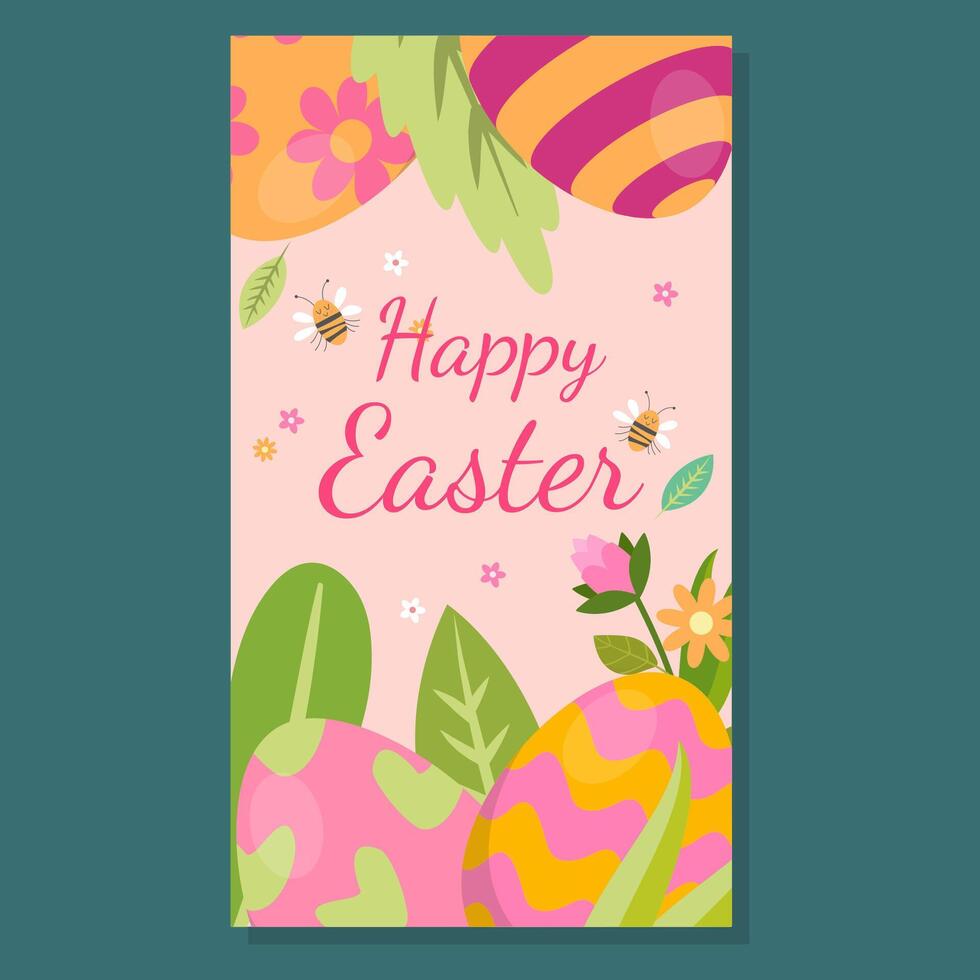 A vibrant Easter card with colorful eggs, blooming flowers, buzzing bees, and lush greenery. The cheerful Happy Easter message adds to the festive spring celebration atmosphere. vector