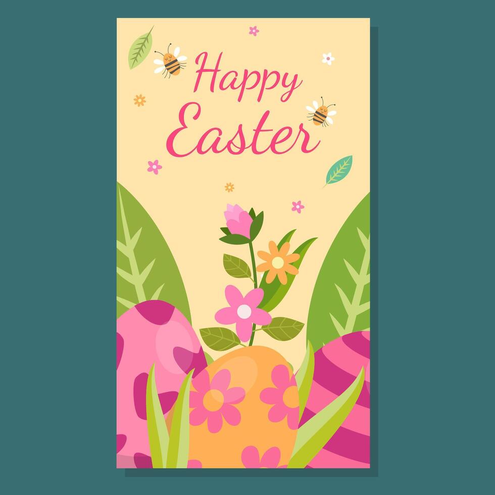 A cheerful Easter card with floral-patterned eggs, blooming flowers, and buzzing bees. The warm pastel tones and Happy Easter text create a festive and joyful springtime celebration design. vector