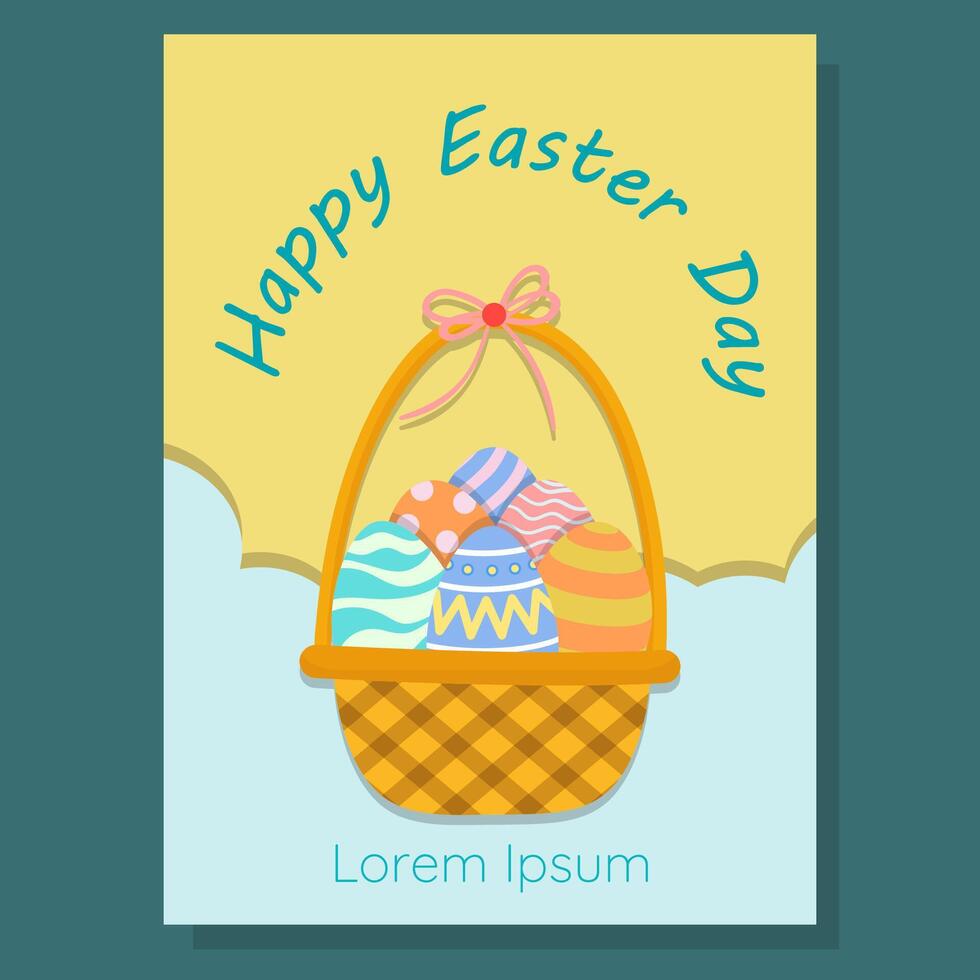 Easter greeting card with a festive basket filled with colorful decorated eggs. A cheerful and bright holiday design, perfect for invitations, seasonal decorations, and celebration themes. vector