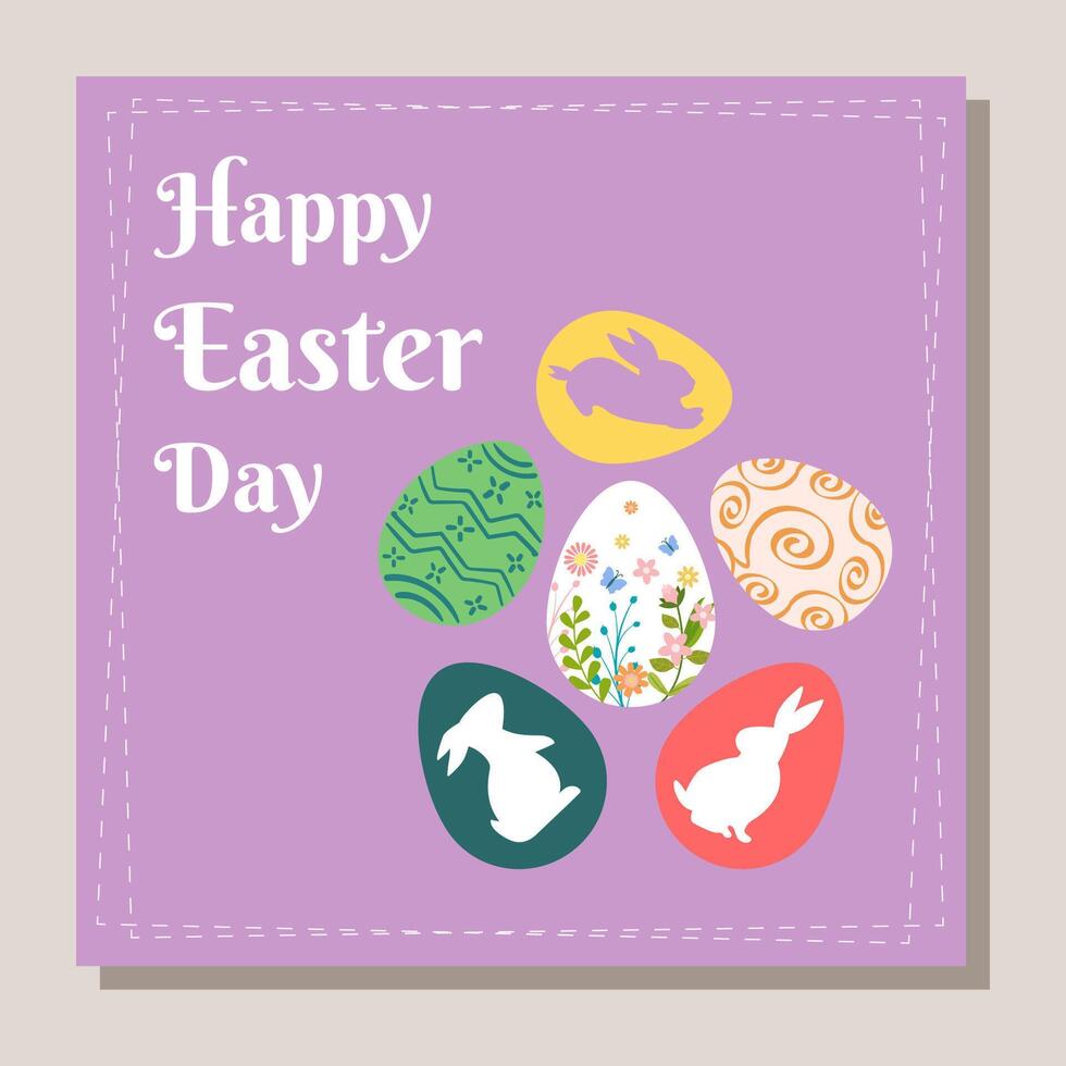 Happy Easter greeting cards, posters, holiday covers, sale banners. Trendy design in paper cut style with bunny and egg silhouettes in monochrome soft pastel purple color background vector