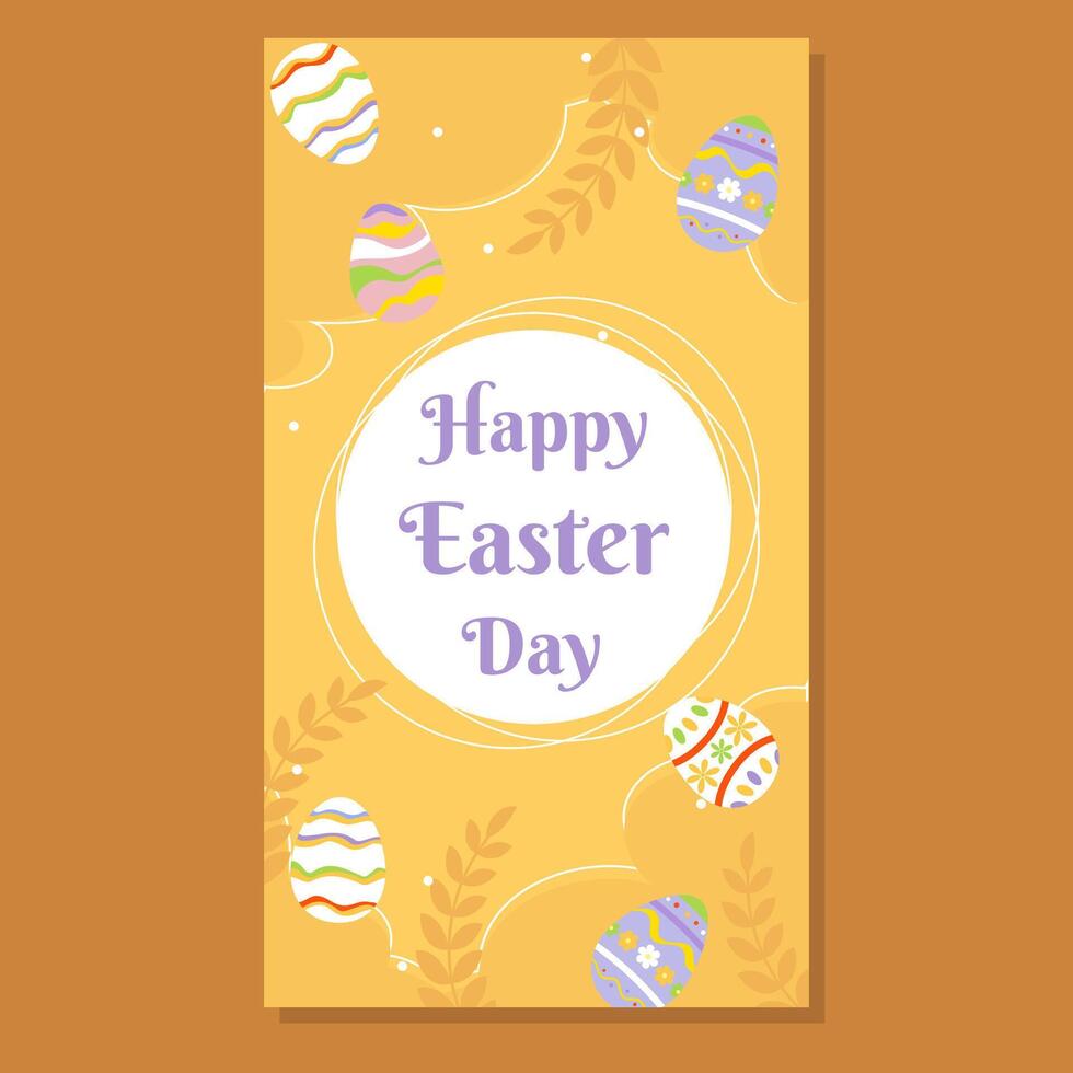 Festive Easter card with a warm yellow background, decorated with colorful eggs and botanical elements. Features Happy Easter Day in elegant typography. Ideal for holiday greetings and invitations. vector