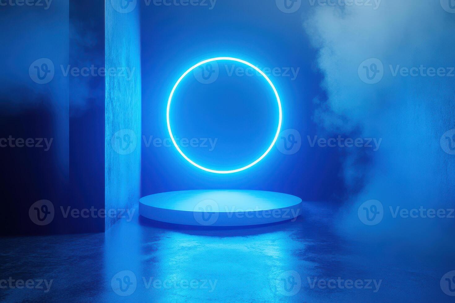 Blue Neon Circle and Platform in a Foggy Room photo