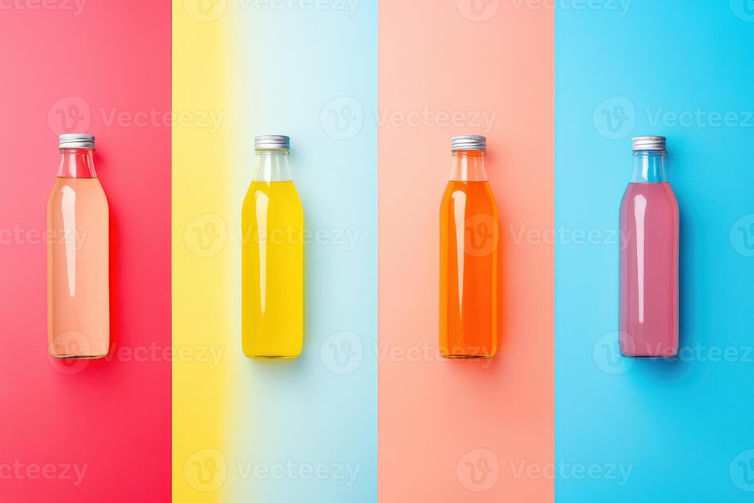 Four Glass Bottles of Colorful Liquid on a Multicolored Background photo