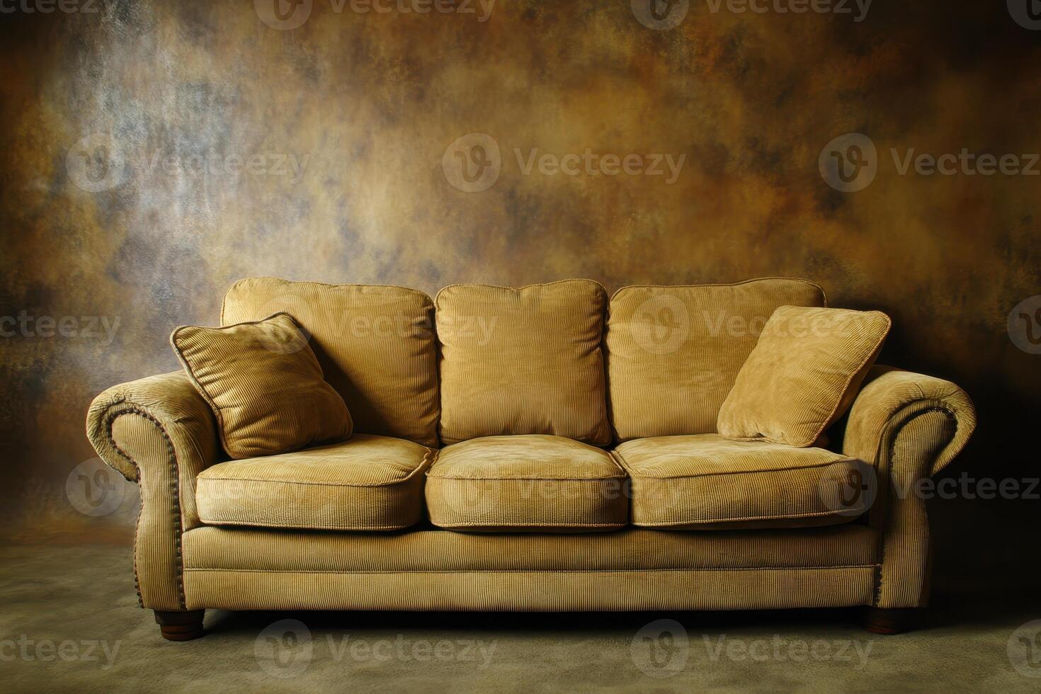 A Tan Corduroy Sofa Against a Textured Brown Background photo