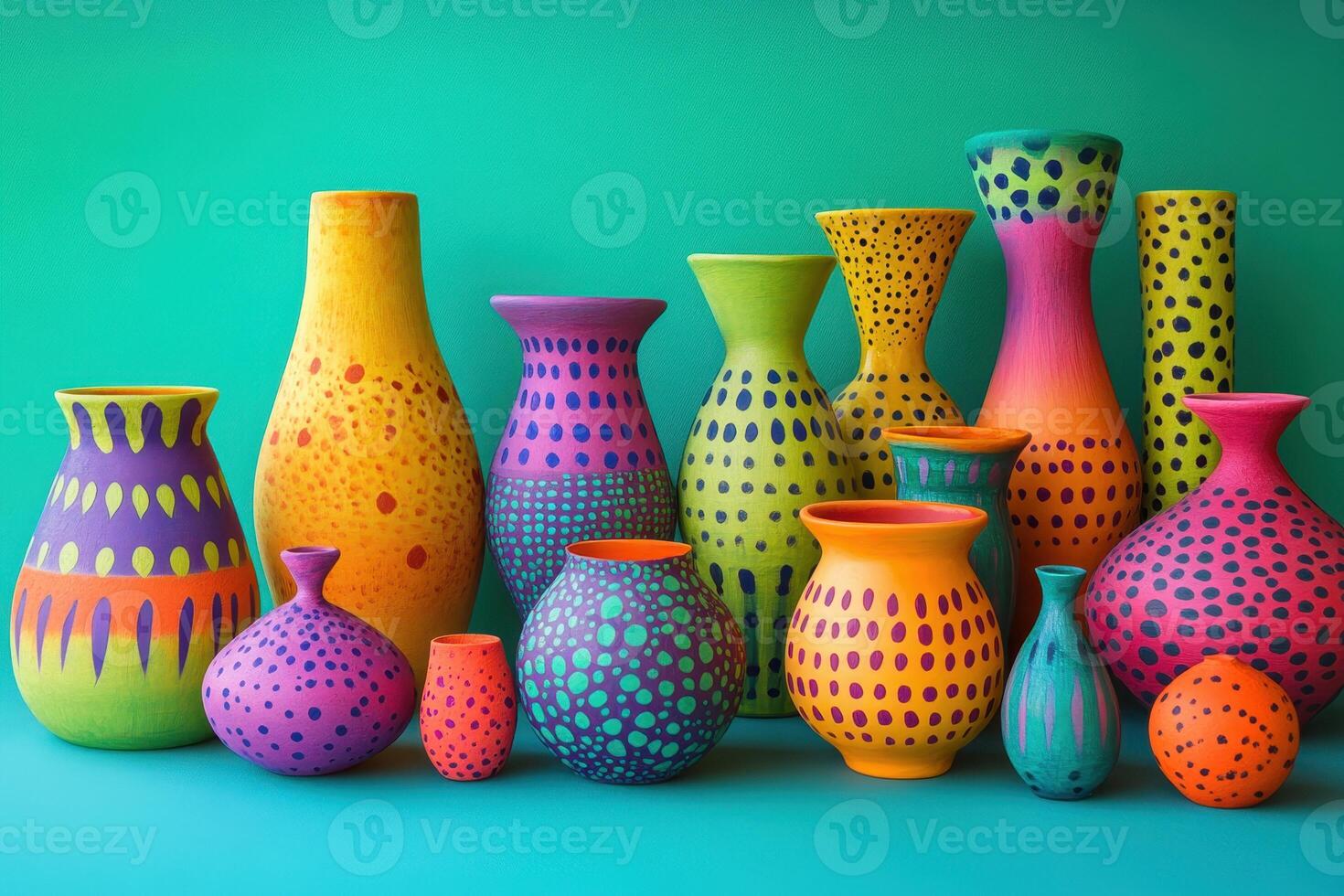 An Arrangement of Colorful Dotted Vases on a Teal Background photo