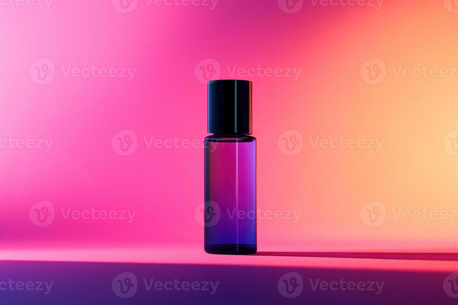 A Purple Glass Bottle with a Black Lid Against a Pink and Orange Gradient Background photo