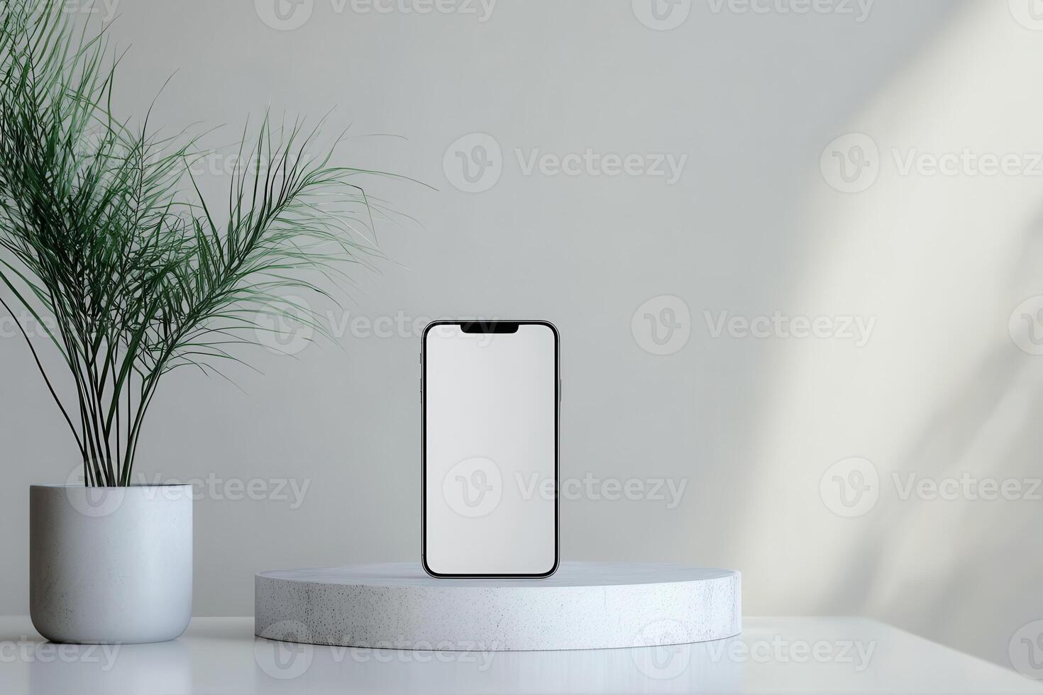 Minimalist Composition with Smartphone, Plant, and Concrete Platform photo