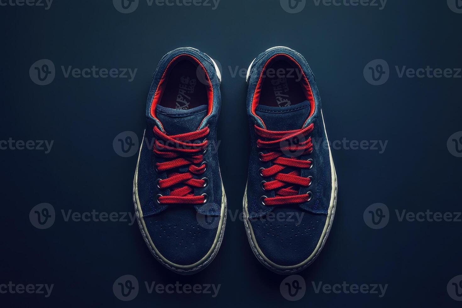 A Pair of Blue Sneakers with Red Laces on a Dark Background photo