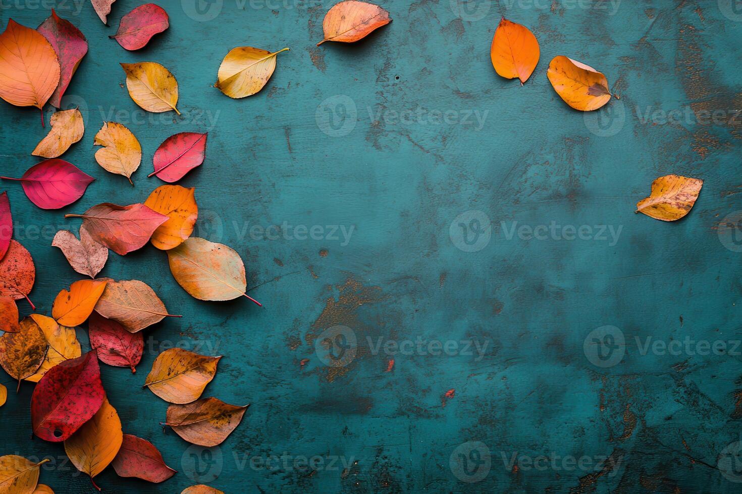Autumn Leaves on a Teal Background with Copy Space photo
