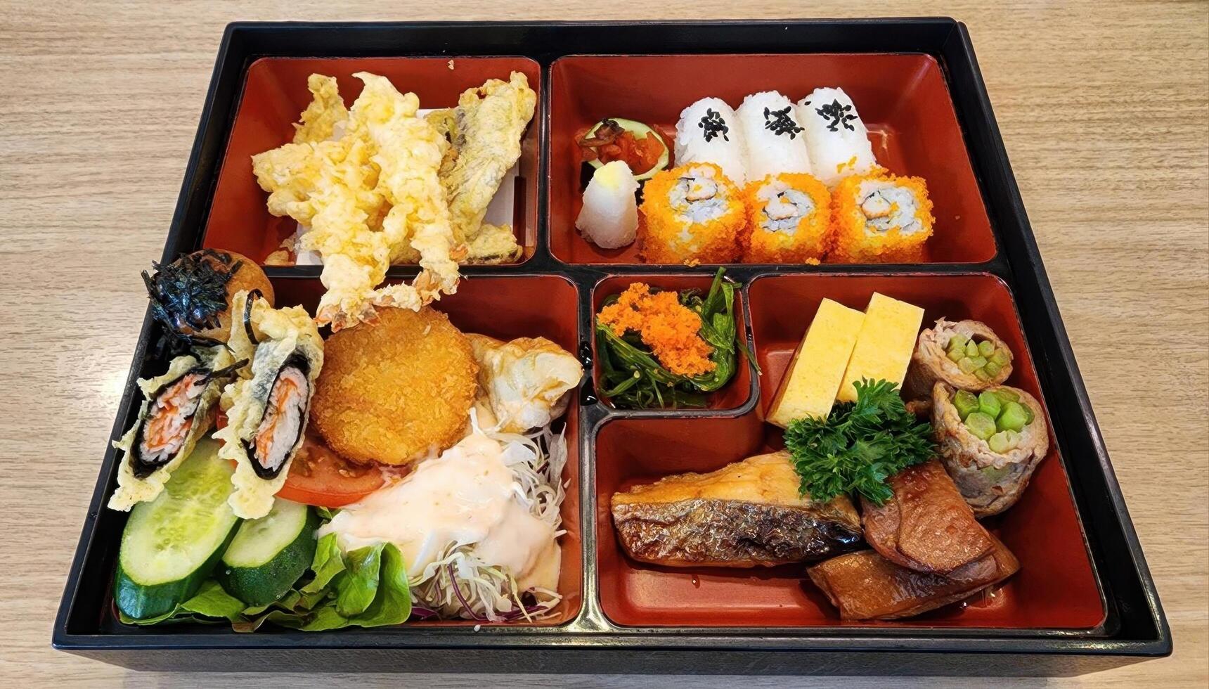 Colorful Japanese Bento Box with Sushi, Tempura, and Fresh Vegetables photo
