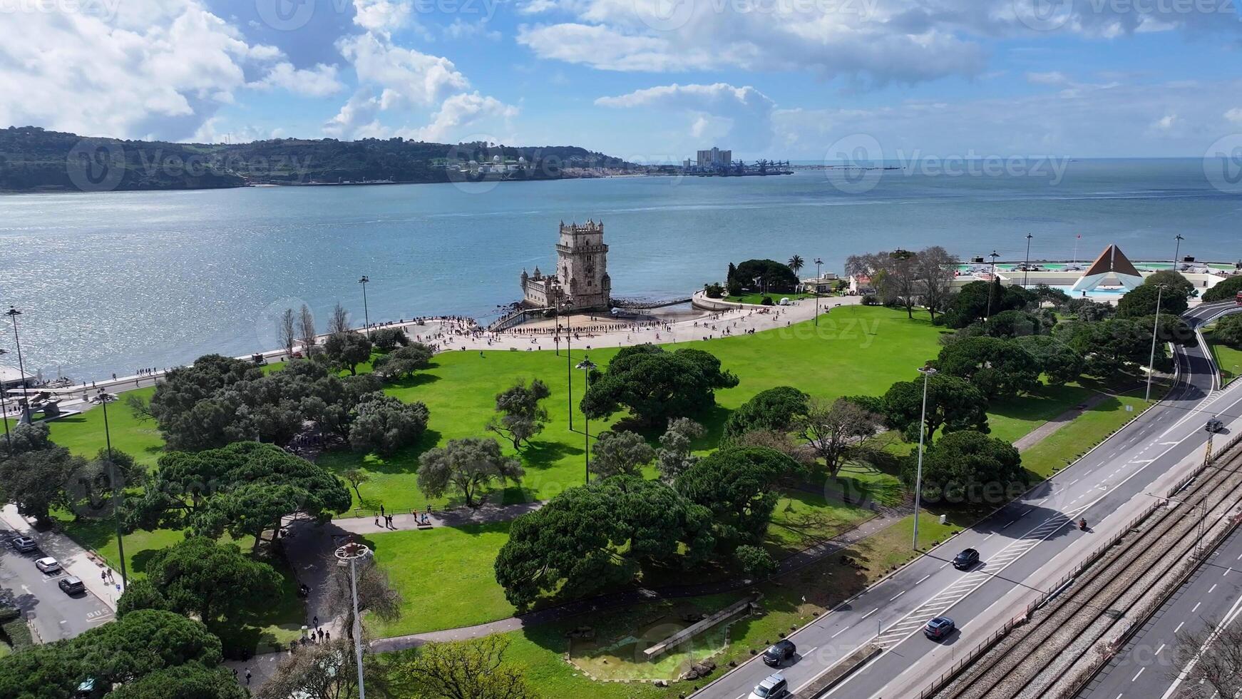 Landmark Belem Tower in Lisbon District of Lisbon in Portugal.. Coast Crowd Of People. photo