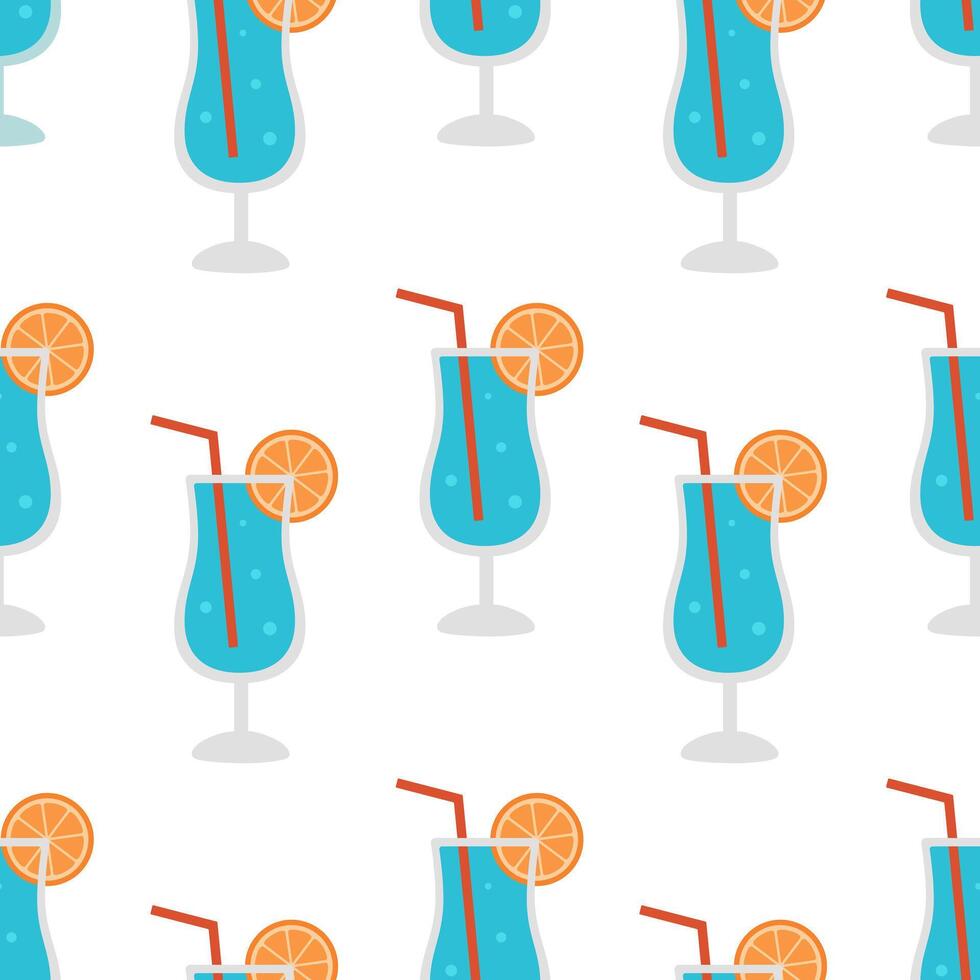 Seamless pattern with Blue Lagoon cocktails with orange and straw on white background. Summer refreshing alcoholic drink. Design for bar. Flat illustration for wallpaper, textile, packaging vector